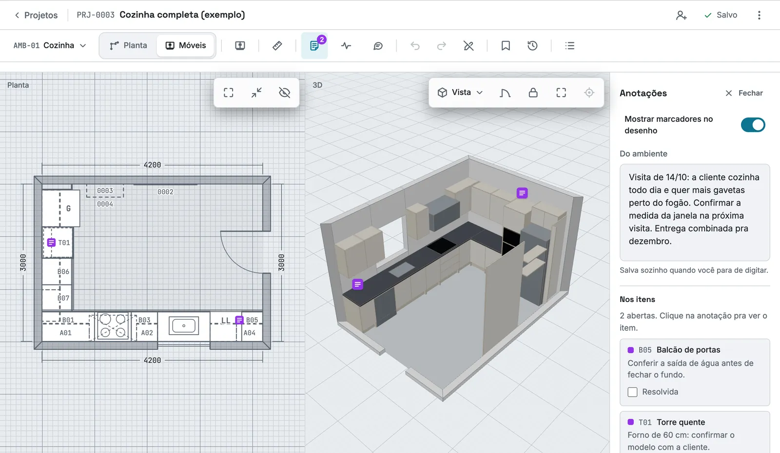Painel Anotações com o briefing da visita e as notas do B05 e da torre T01, com os marcadores roxos na planta e no 3D.