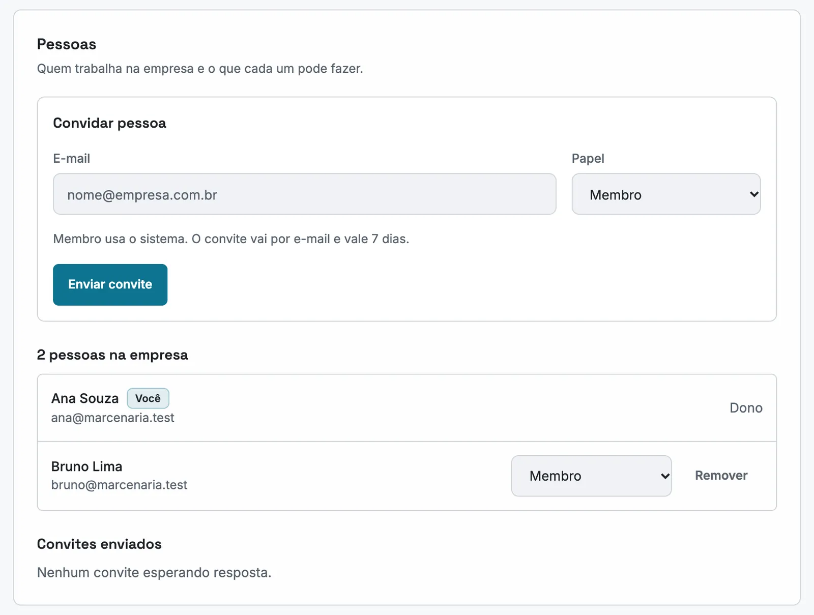 Seção Pessoas da página Empresa: o convite por e-mail com o papel e as duas pessoas da empresa, Ana Souza como dona e Bruno Lima como membro.