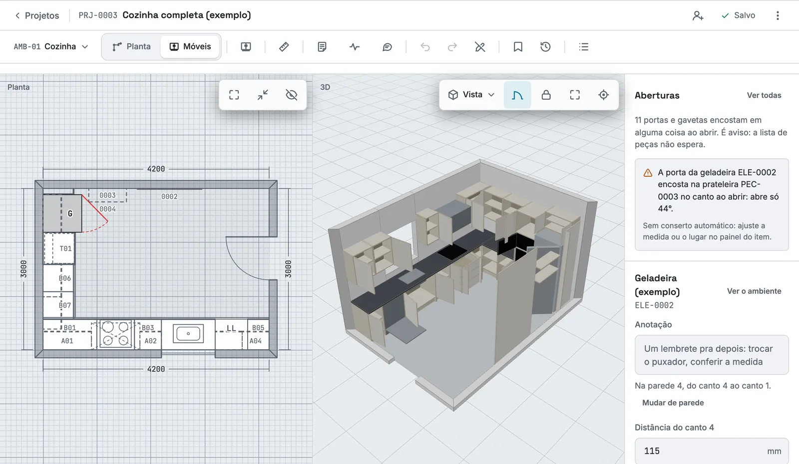 Cozinha em 3D com as portas e gavetas abertas e o painel Aberturas, com os avisos de onde cada porta encosta e o conserto de cada um.