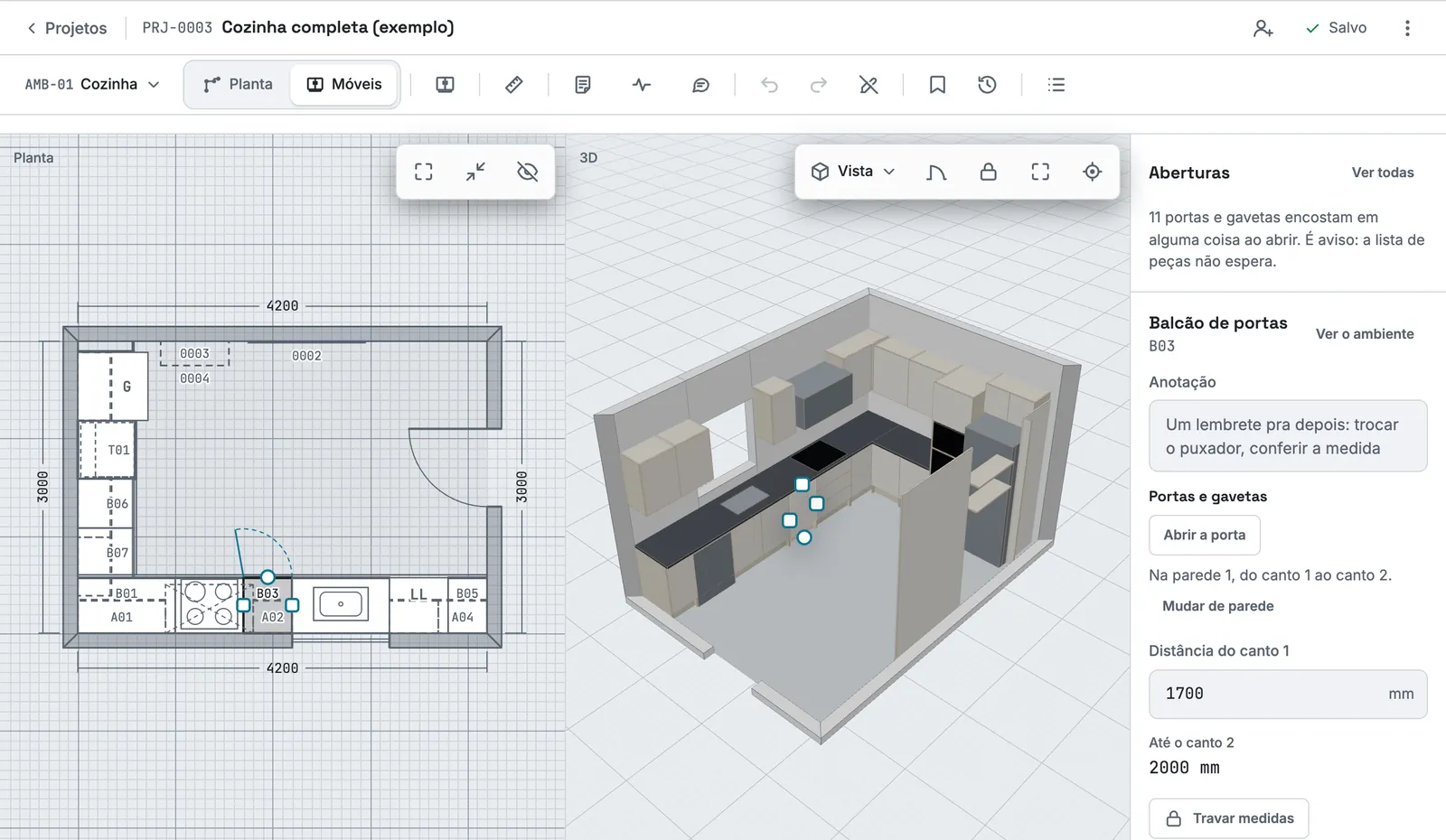 Balcão escolhido na planta e no 3D, com as alças, e o painel do lado com as portas e gavetas e as zonas de baixo pra cima.