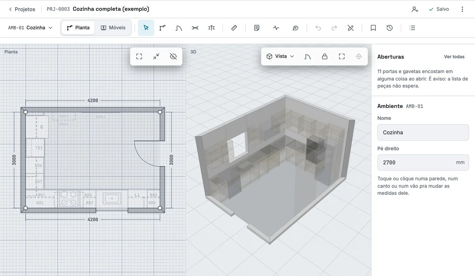 Modo Planta: a planta baixa da cozinha com as cotas, a porta com o giro e a janela, ao lado do 3D das paredes.